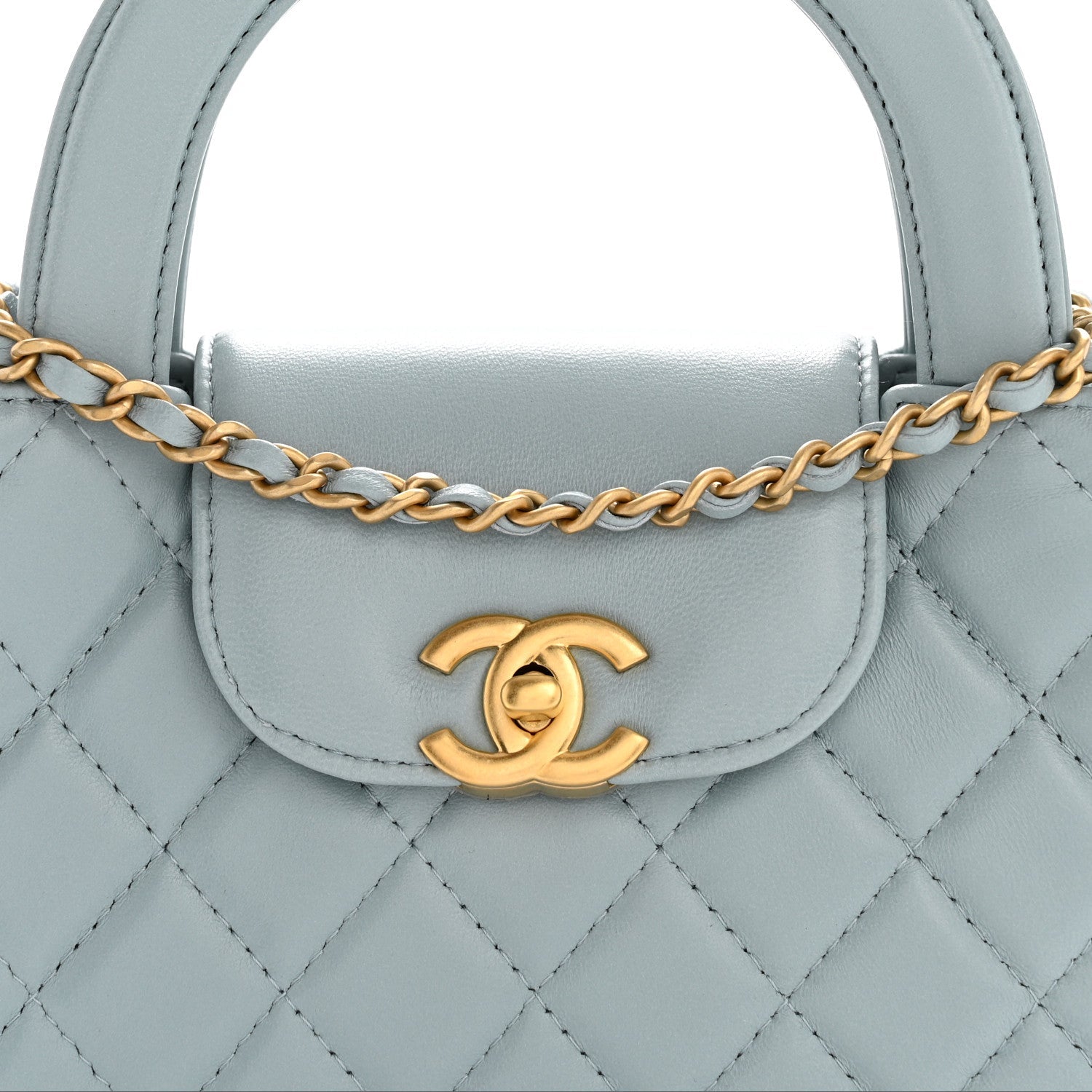 Shiny Aged Calfskin Quilted Nano Kelly Shopper Light Blue