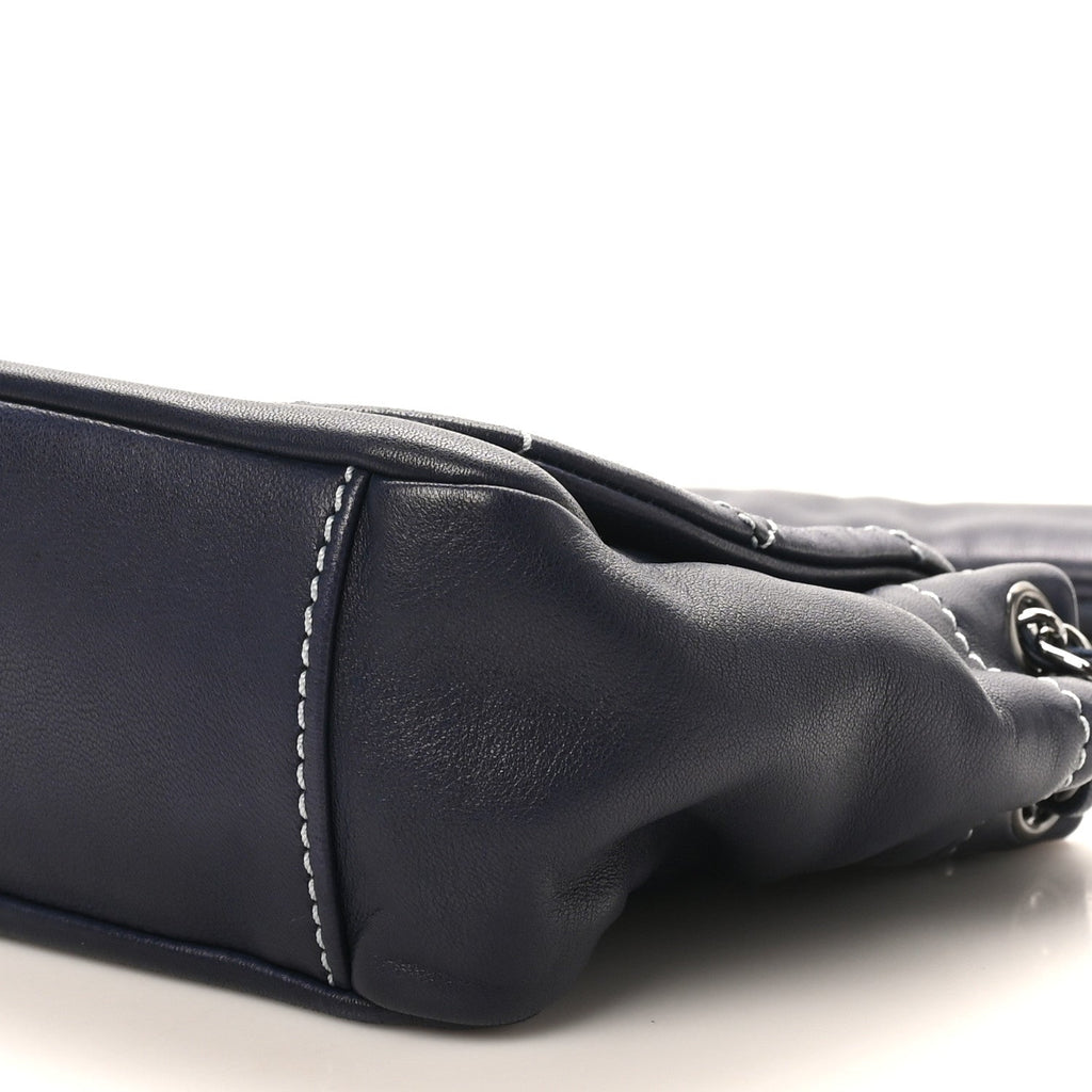 Lambskin Contrast Stitch Small Surpique Accordion Flap Navy