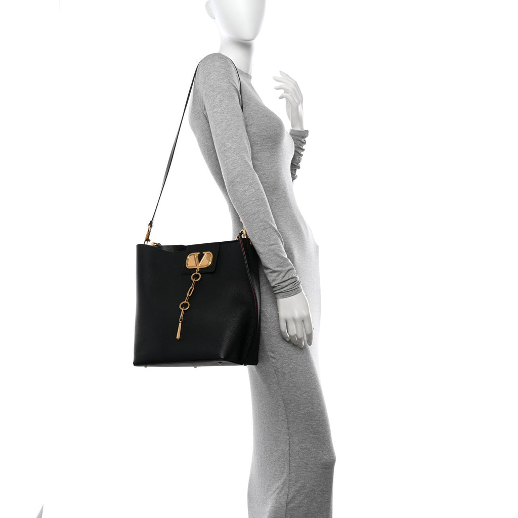 Grainy Calfskin VLogo Escape Hobo Bag Black