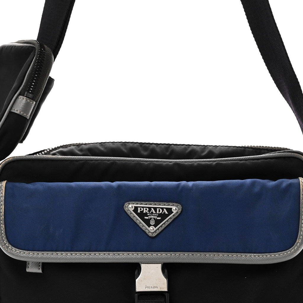 Tessuto Nylon Saffiano Pocket Single Snap Buckle Messenger Flap Bag Black Bleuette Marmo