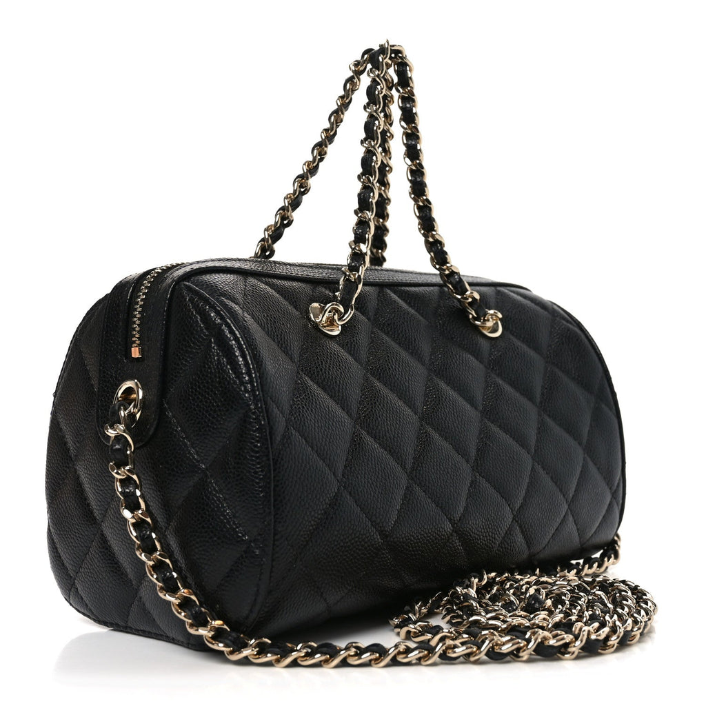 Caviar Quilted Barrel Clutch With Chain Black