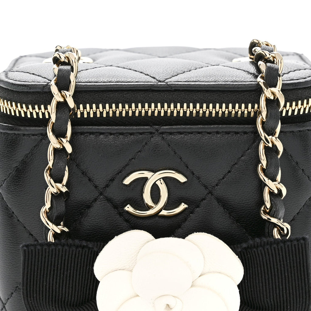 Lambskin Quilted Mini Camellia Bow Vanity Case With Chain Black