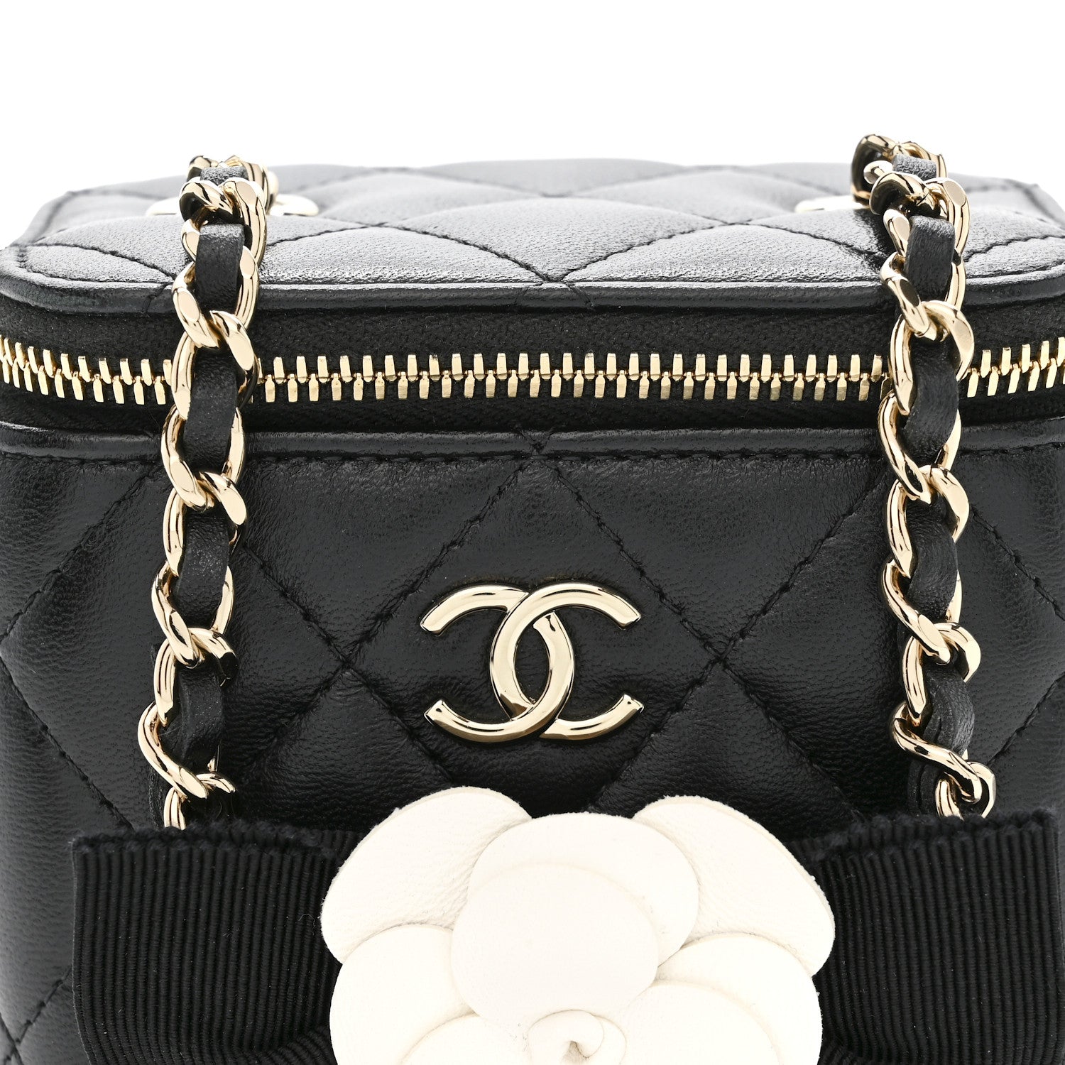 Lambskin Quilted Mini Camellia Bow Vanity Case With Chain Black