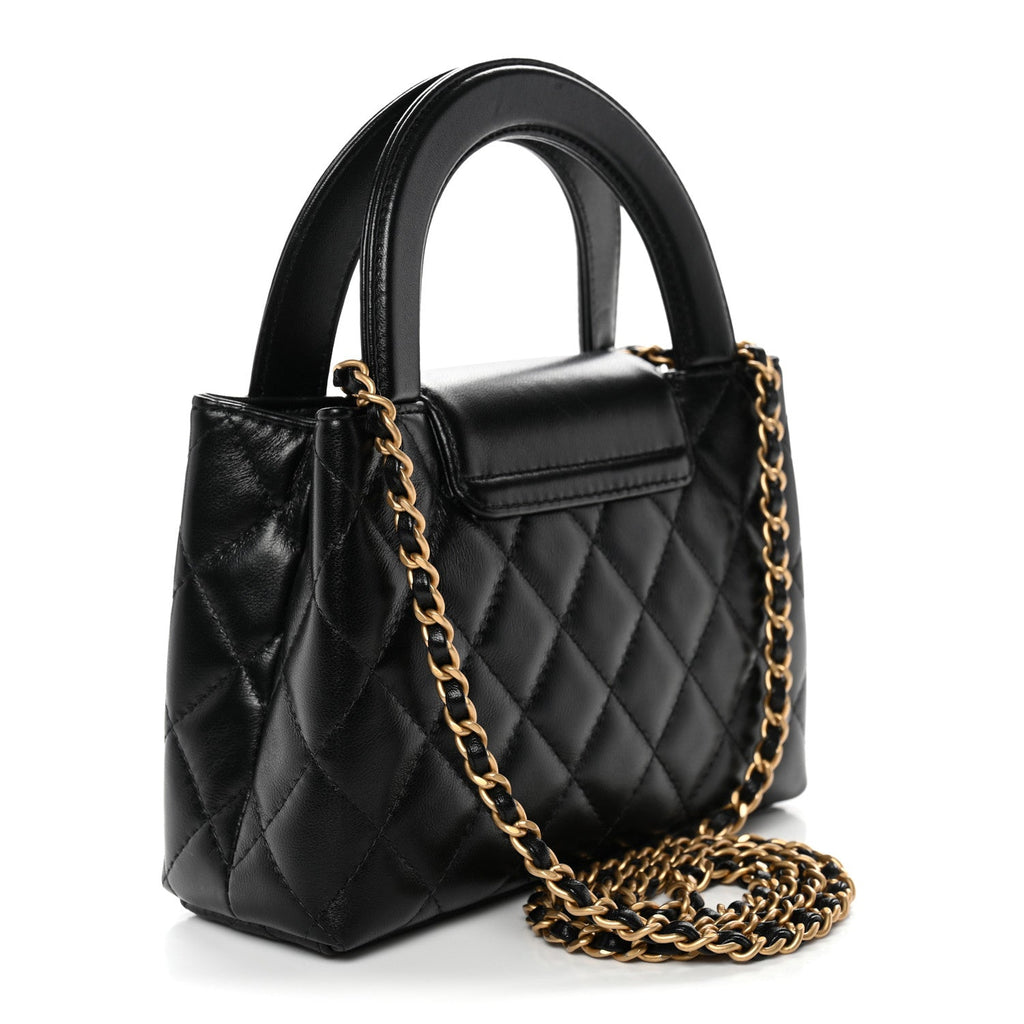 Shiny Aged Calfskin Quilted Nano Kelly Shopper Black