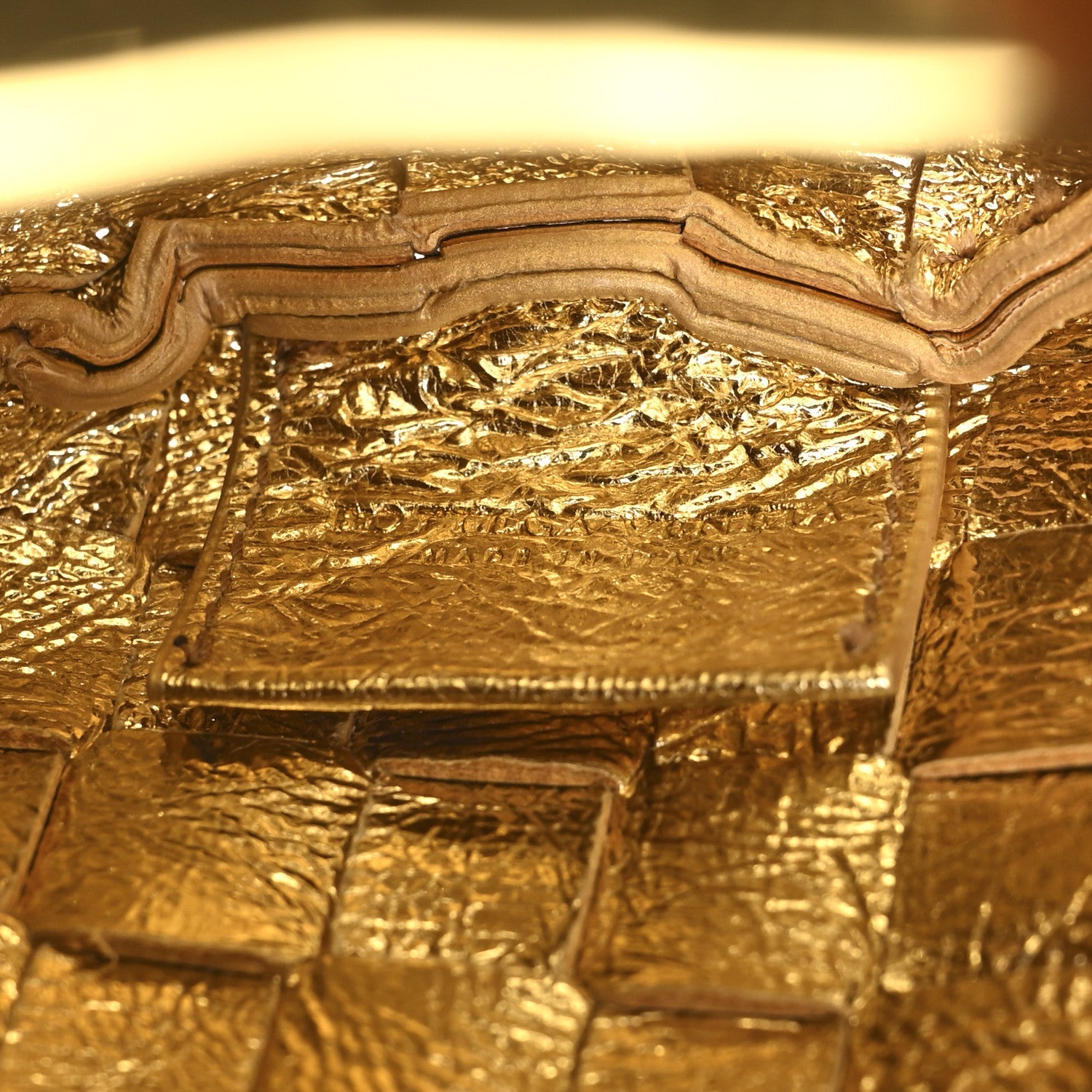 Mirror Laminated Nappa Intrecciato Mini Sardine Bag Gold