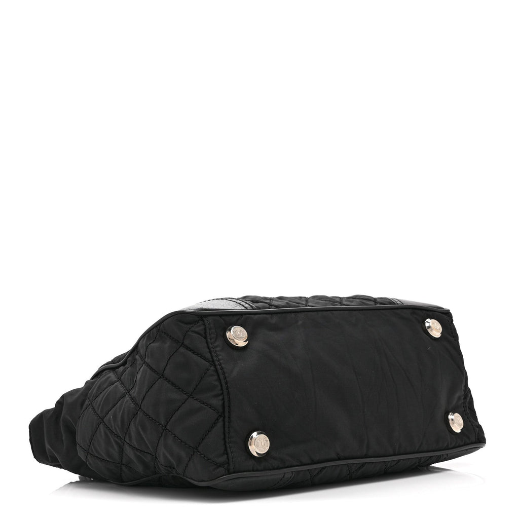 Nylon Calfskin Quilted CC Paris New York Tote Bag Black