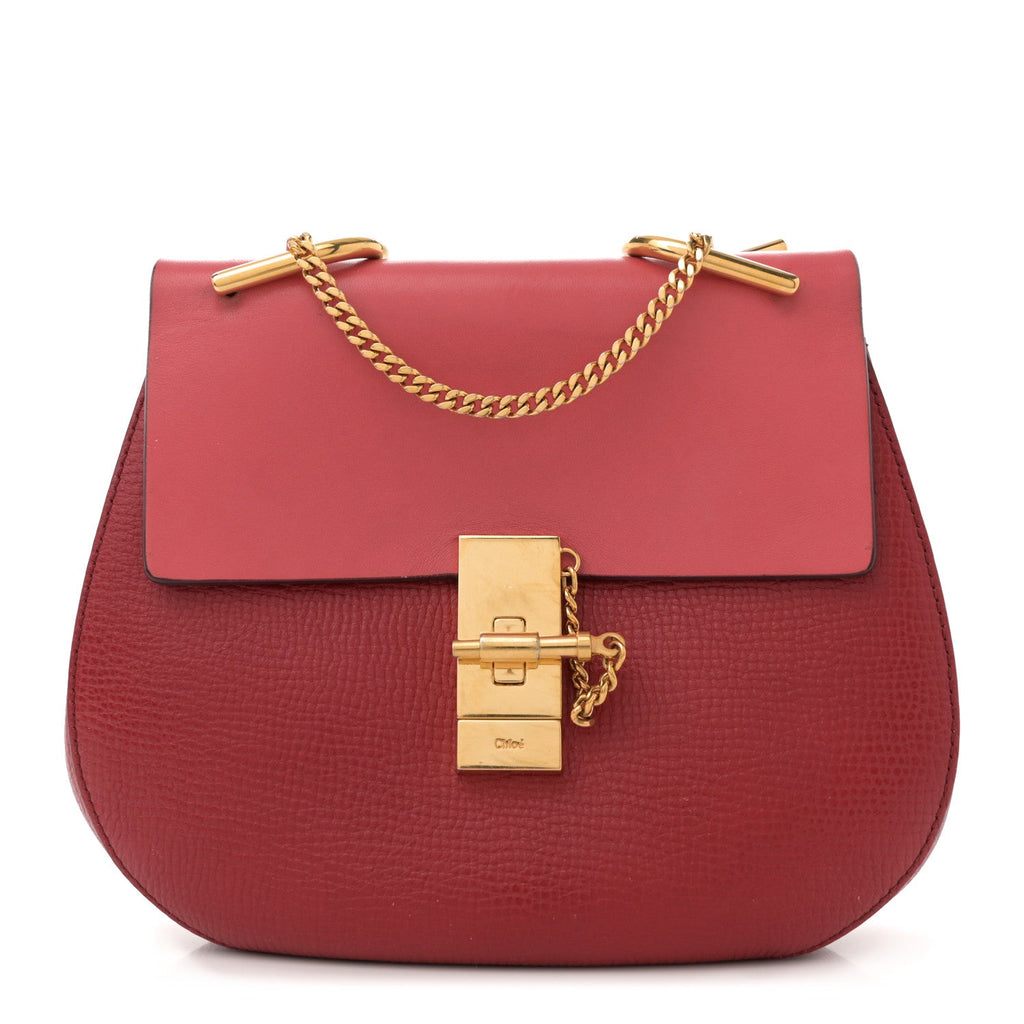 Grained Calfskin Lambskin Bi-Color Drew Shoulder Bag Red