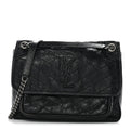 Crinkled Calfskin Matelasse Monogram Medium Niki Chain Satchel Black