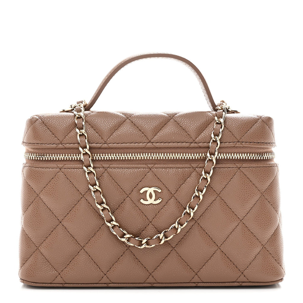 Caviar Quilted Top Handle Slim Vanity With Chain Dark Beige