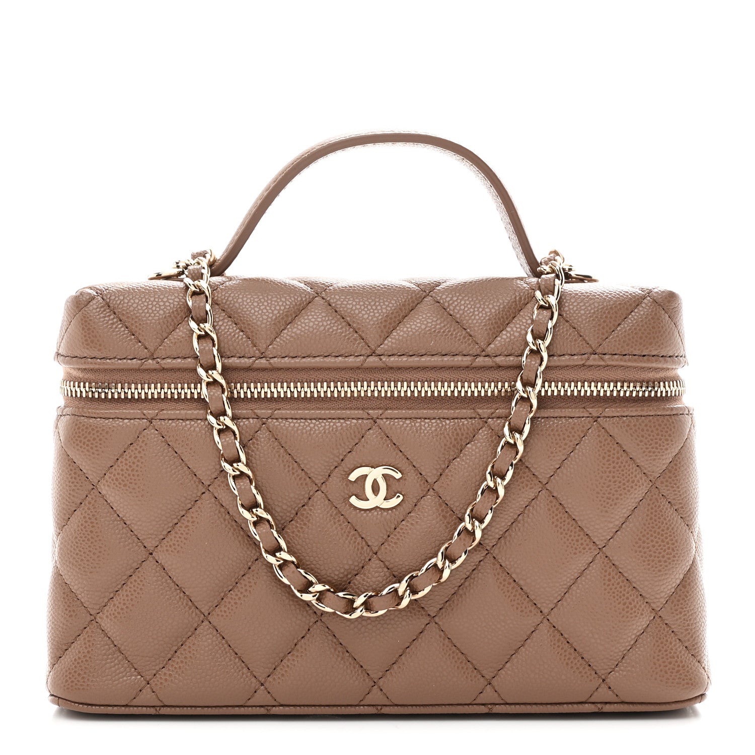 Caviar Quilted Top Handle Slim Vanity With Chain Dark Beige