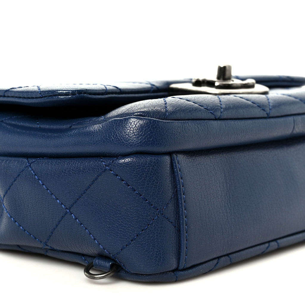 Shiny Goatskin Quilted Small Double Carry Waist Chain Flap Blue