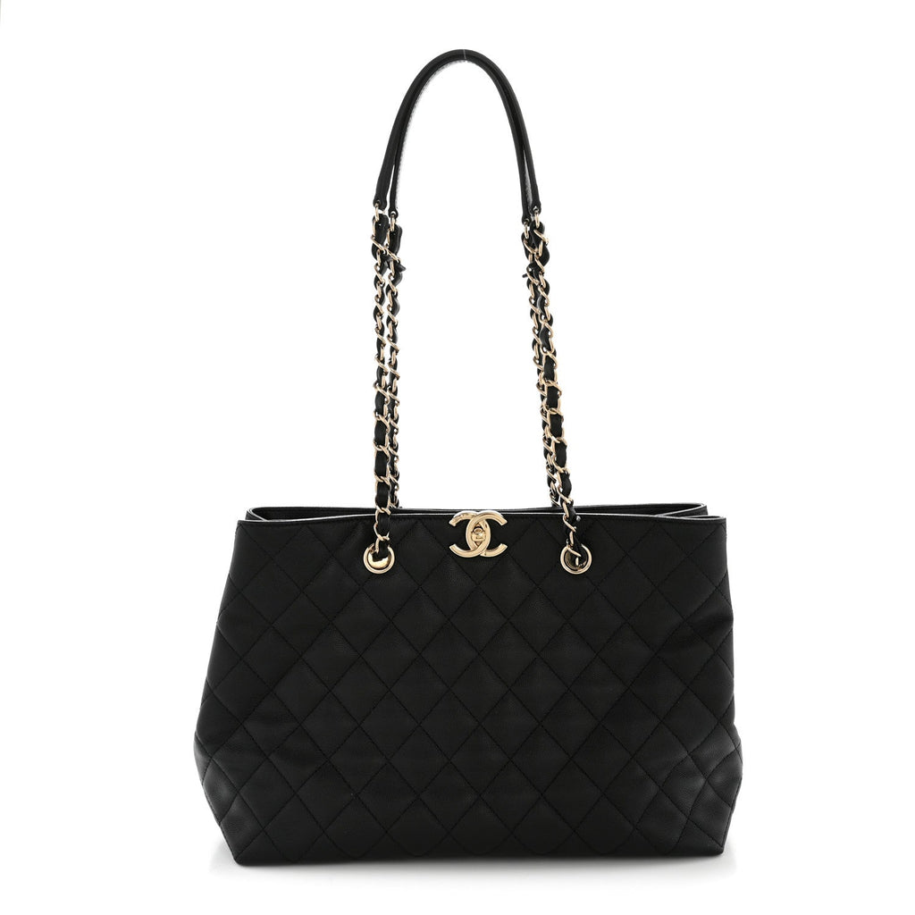 Caviar Quilted Small Shopping Tote  Black