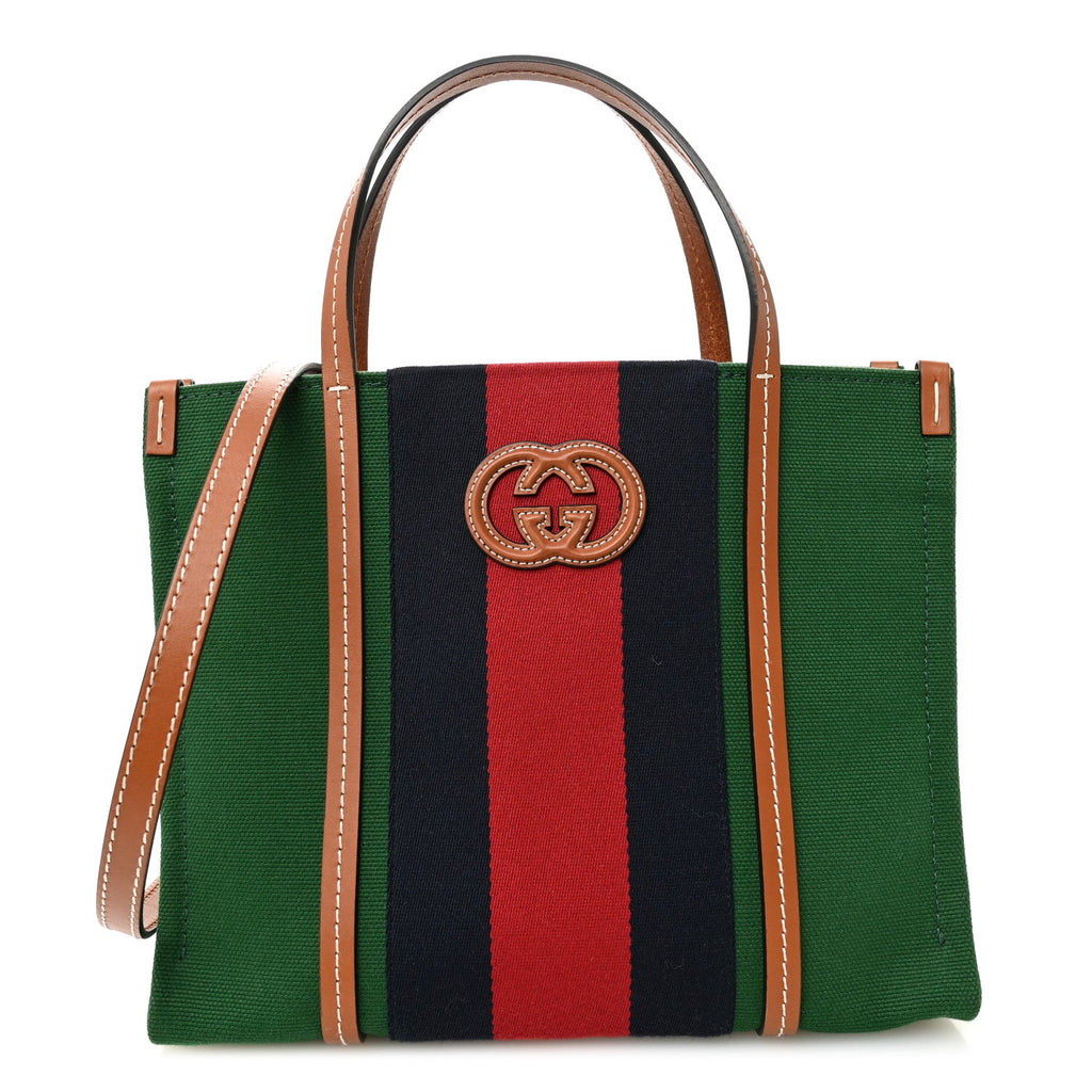 Canvas Calfskin Web Small Interlocking G Tote Bag Green Red