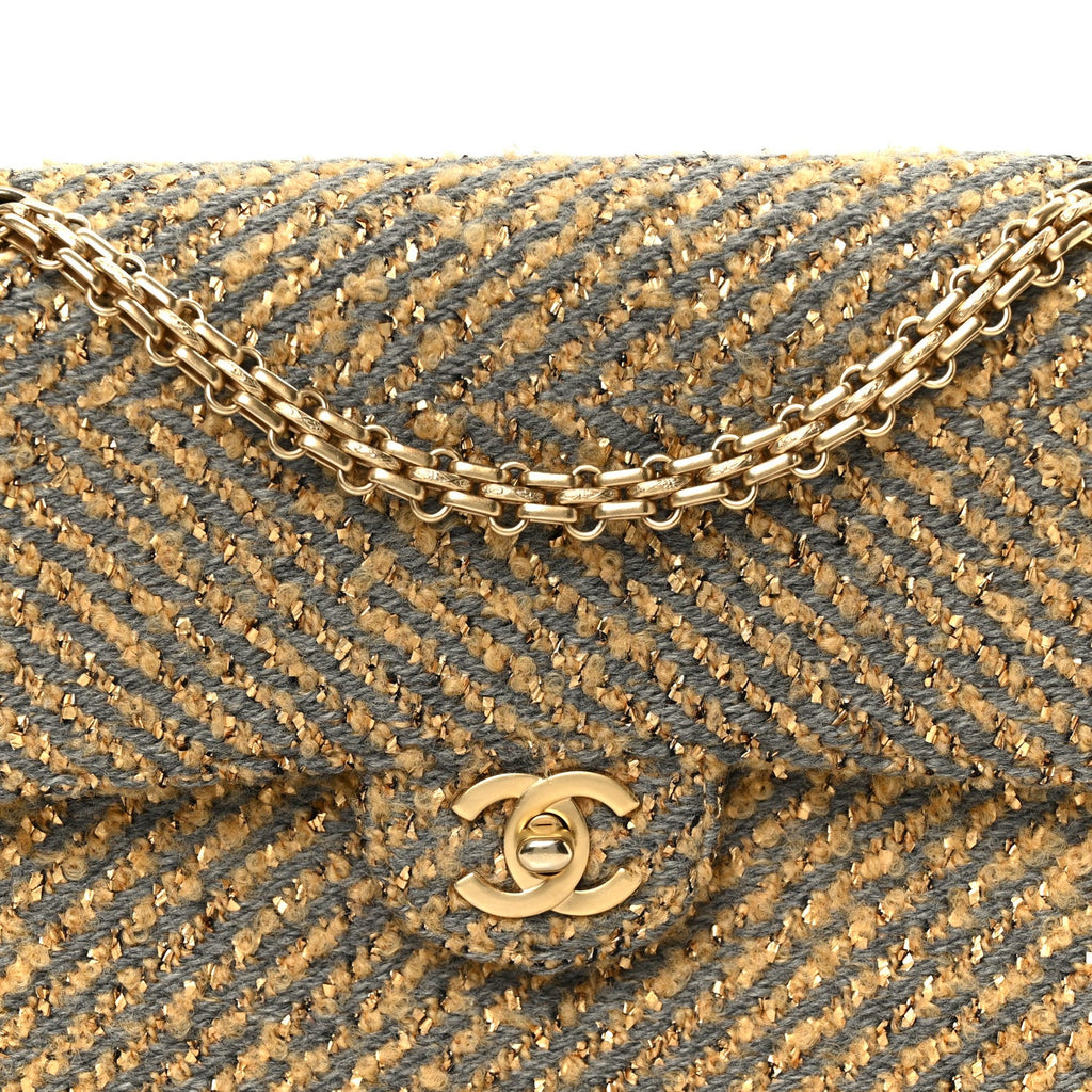 Metallic Tweed Quilted Medium Single Flap Beige Grey Gold