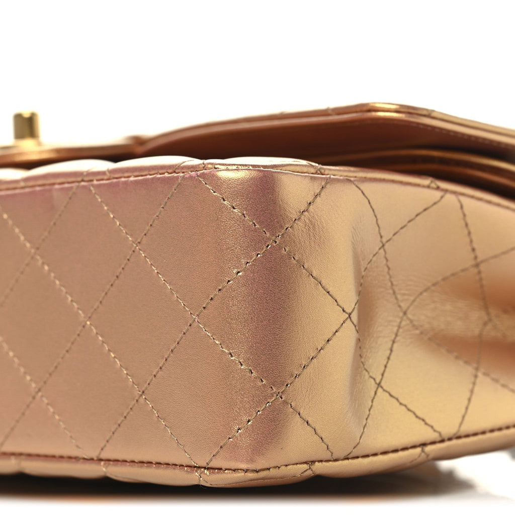 Metallic Lambskin Quilted Medium Double Flap Golden