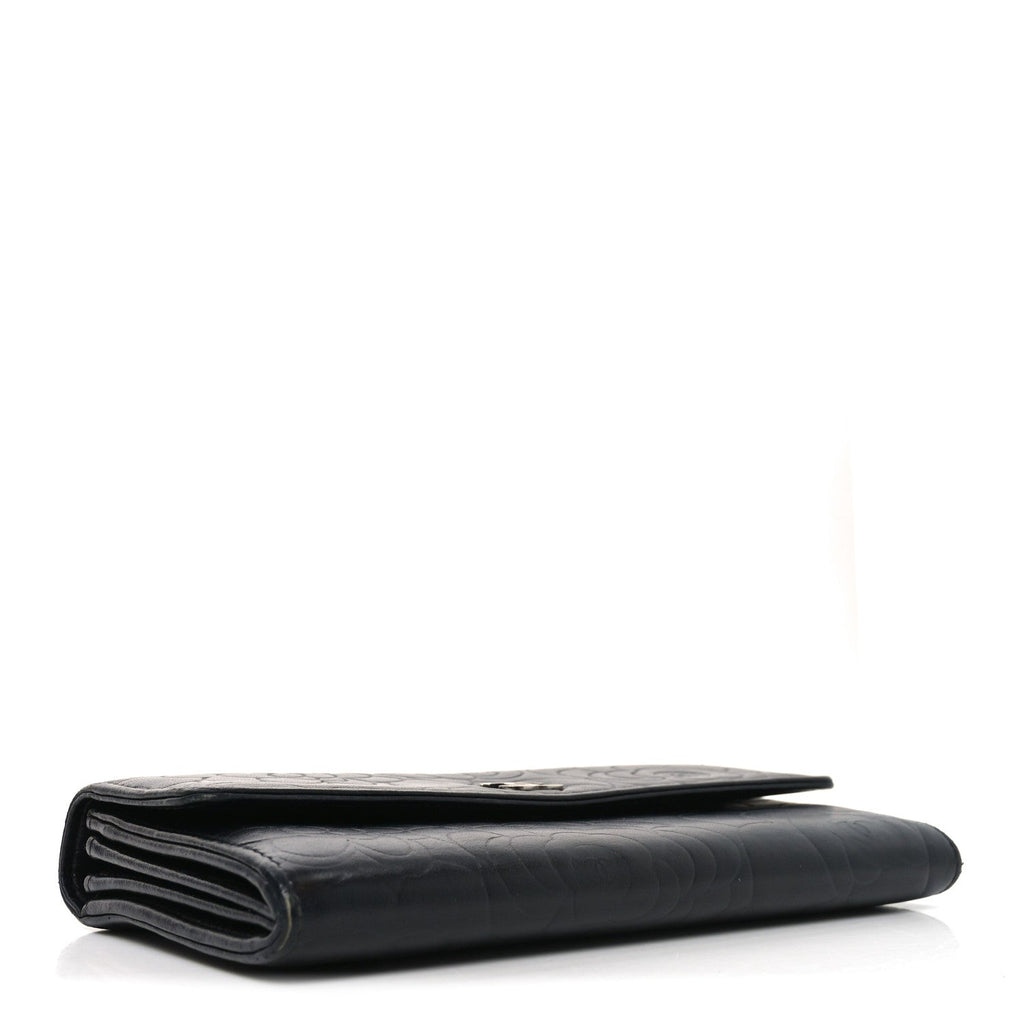 Lambskin Embossed Camellia Large Gusset Flap Wallet Black