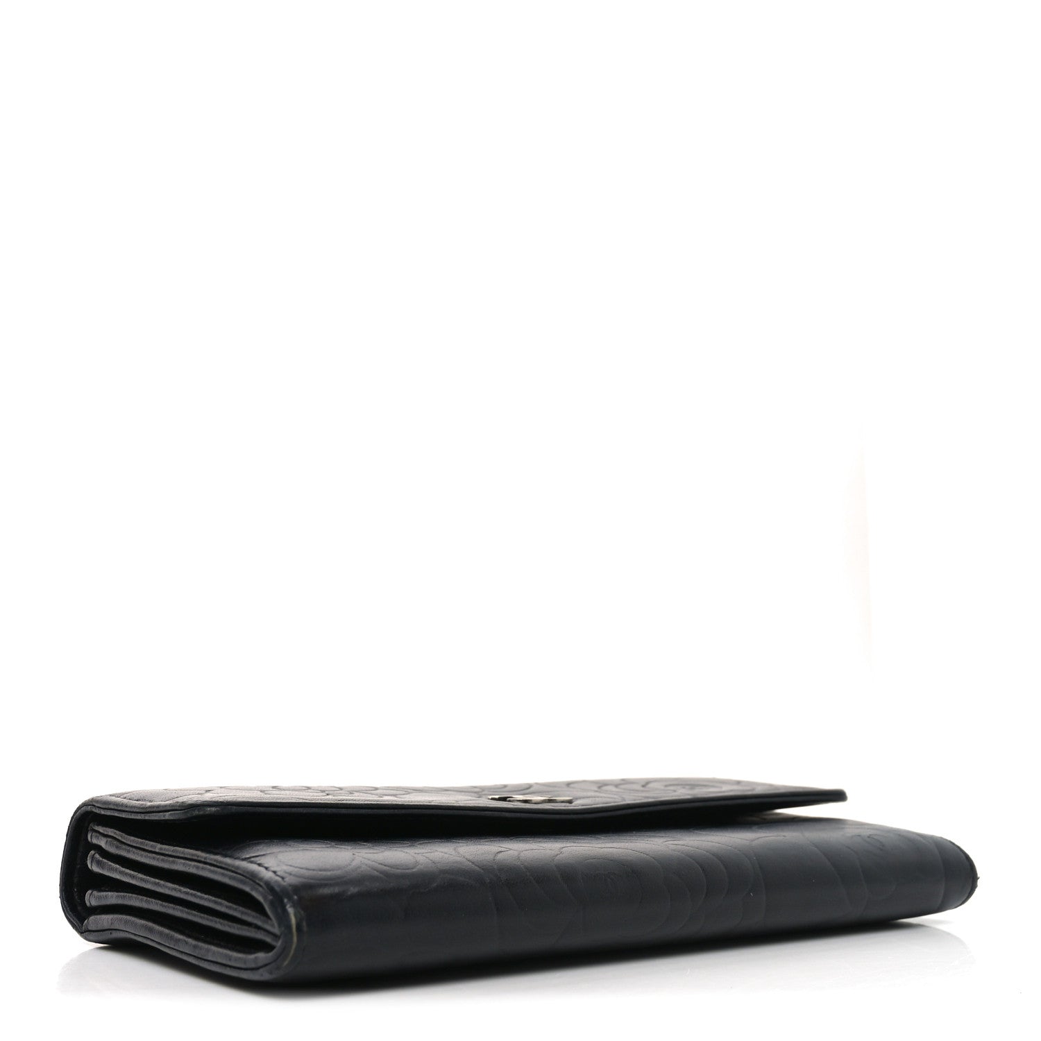 Lambskin Embossed Camellia Large Gusset Flap Wallet Black