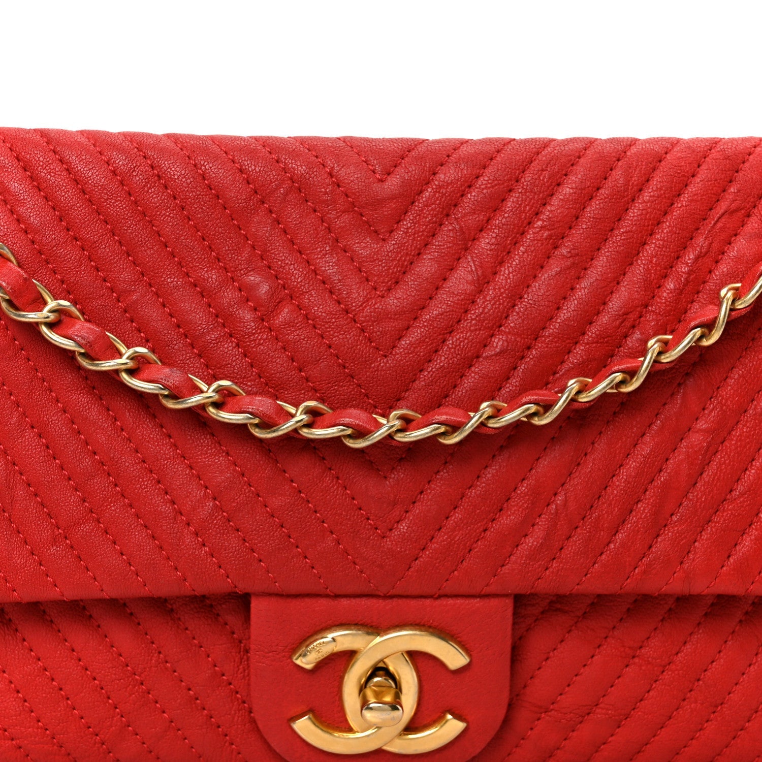 Wrinkled Lambskin Chevron Quilted Medium Flap Red