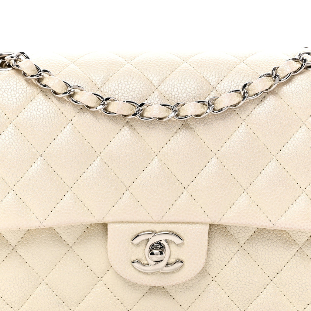 Iridescent Caviar Quilted Medium Double Flap White