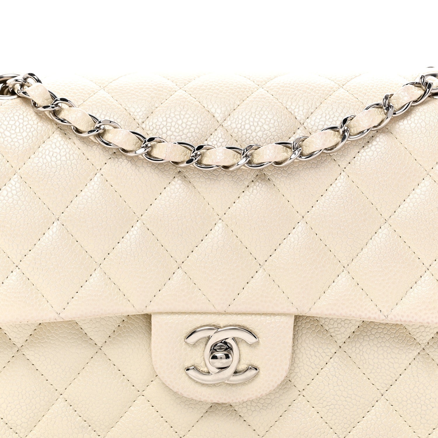 Iridescent Caviar Quilted Medium Double Flap White