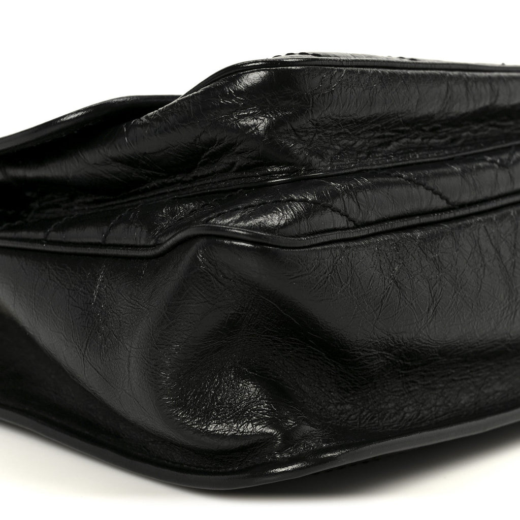 Crinkled Calfskin Matelasse Monogram Medium Niki Chain Satchel Black