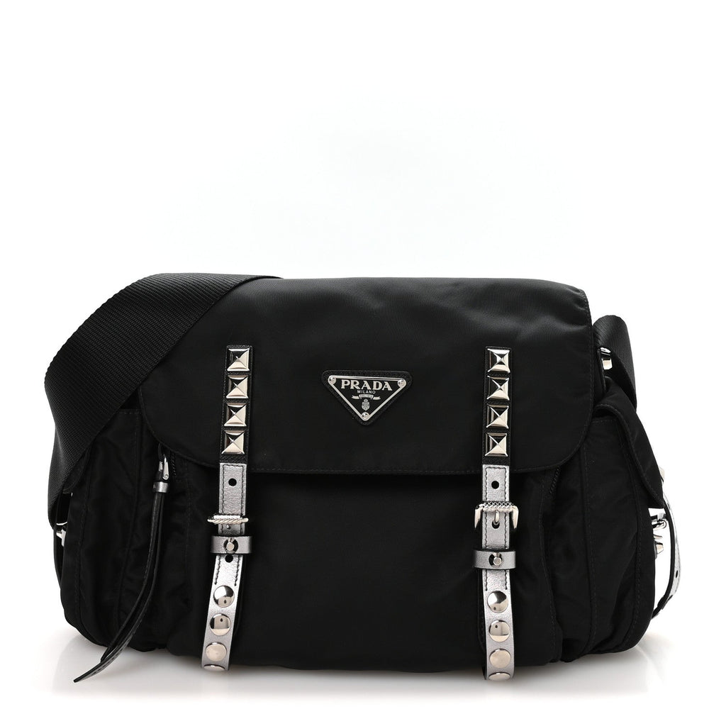 Nylon New Vela Studded Messenger Bag Black