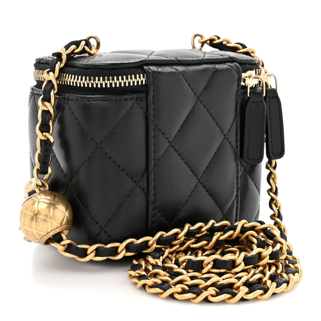 Lambskin Quilted Mini Pearl Crush Vanity Case With Chain Black