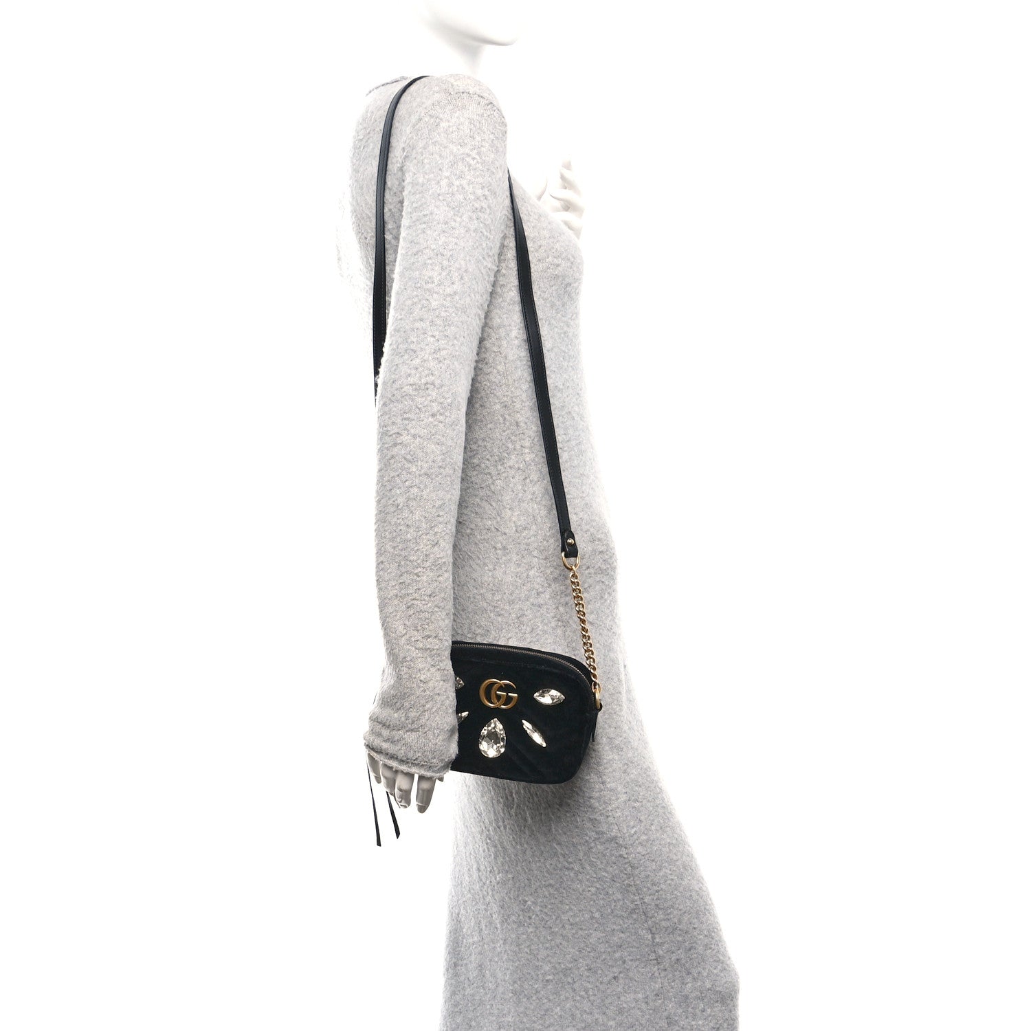 Velvet Matelasse Marquise Crystals Mini GG Marmont Chain Shoulder Bag Black
