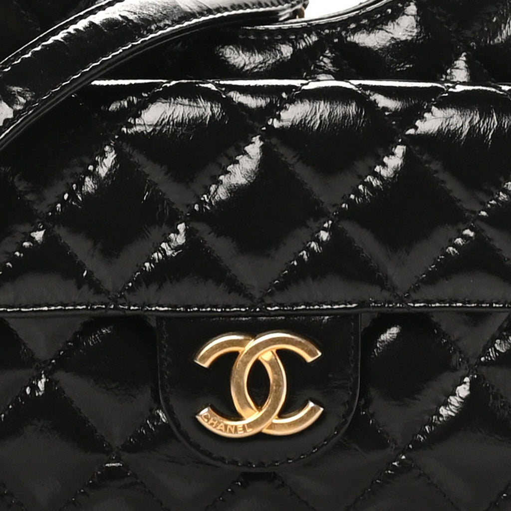 Shiny Crumpled Calfskin Quilted Small Wavy CC Hobo Black
