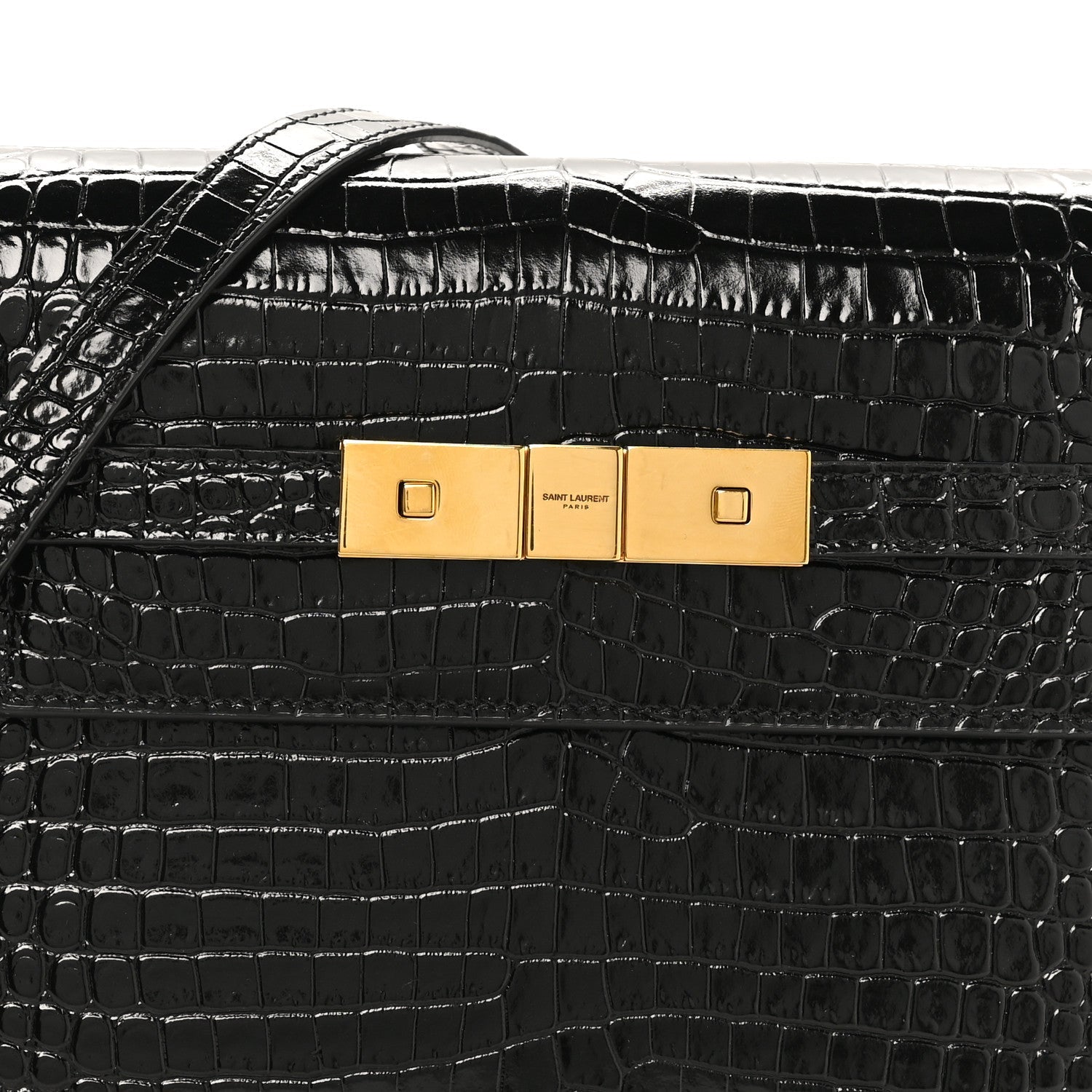 Shiny Calfskin Crocodile Embossed Small Manhattan Baguette Black