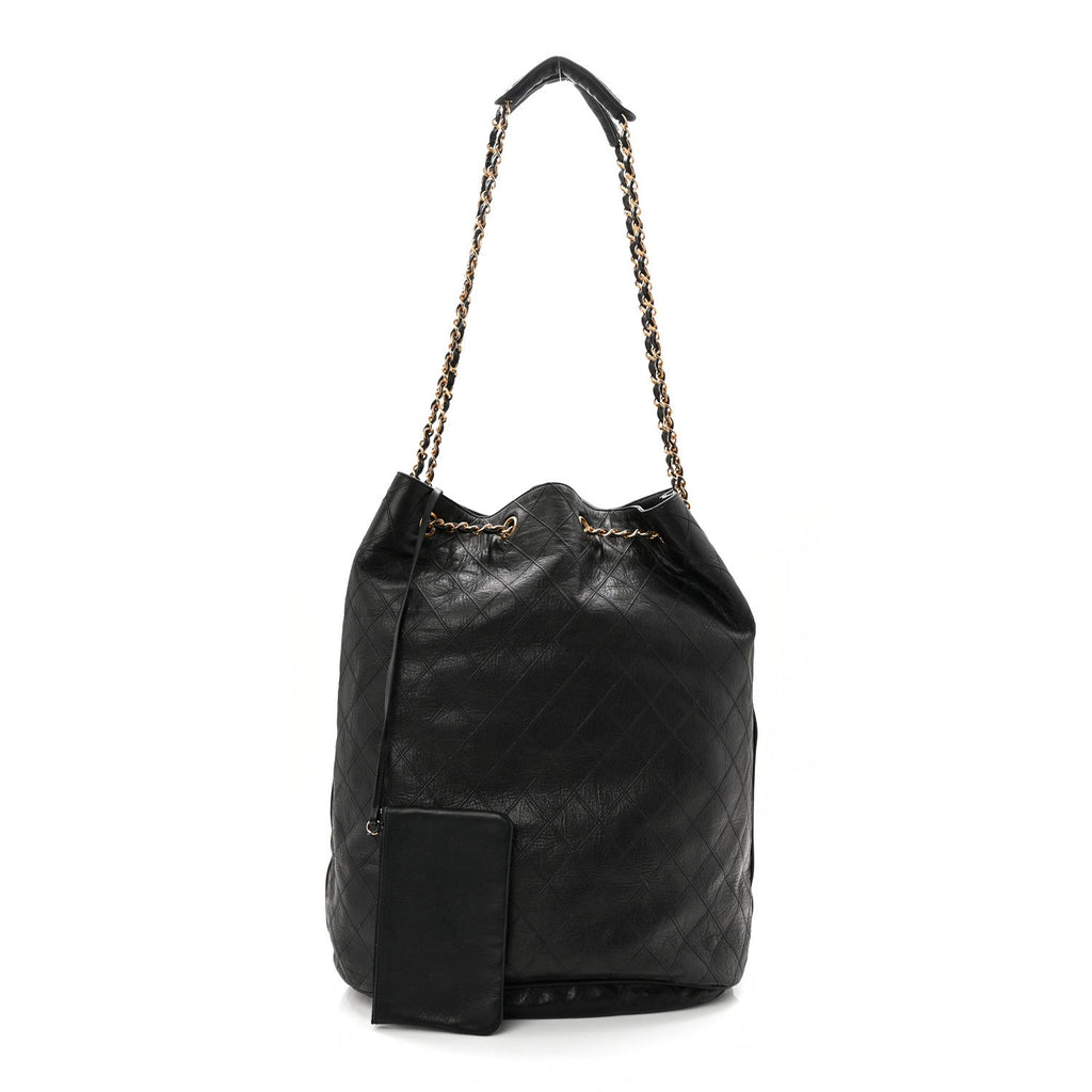 Grained Calfskin Quilted Drawstring Bucket Bag Black