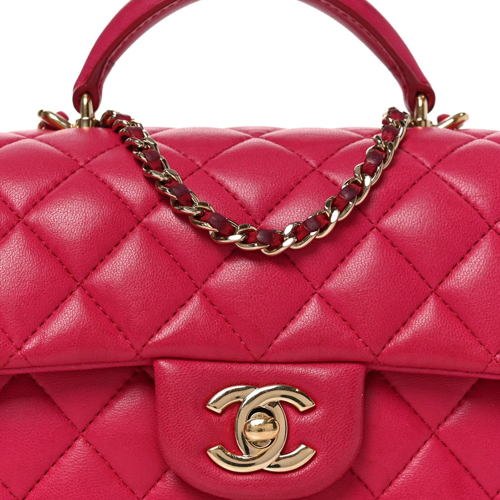 Lambskin Quilted Mini Top Handle Rectangular Flap Dark Pink
