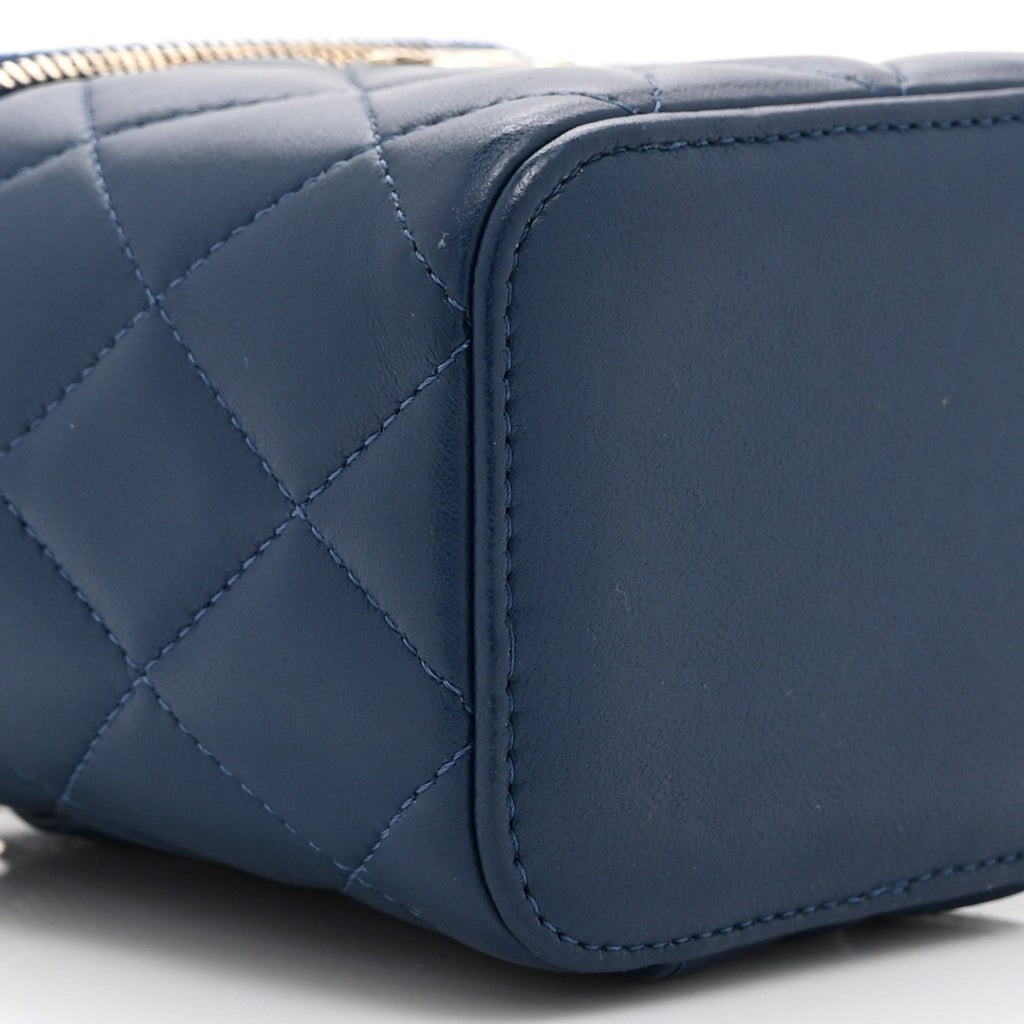 Lambskin Quilted Top Handle Mini Vanity Case With Chain Blue