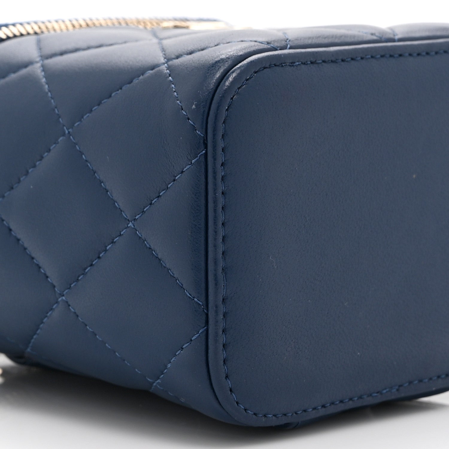 Lambskin Quilted Top Handle Mini Vanity Case With Chain Blue