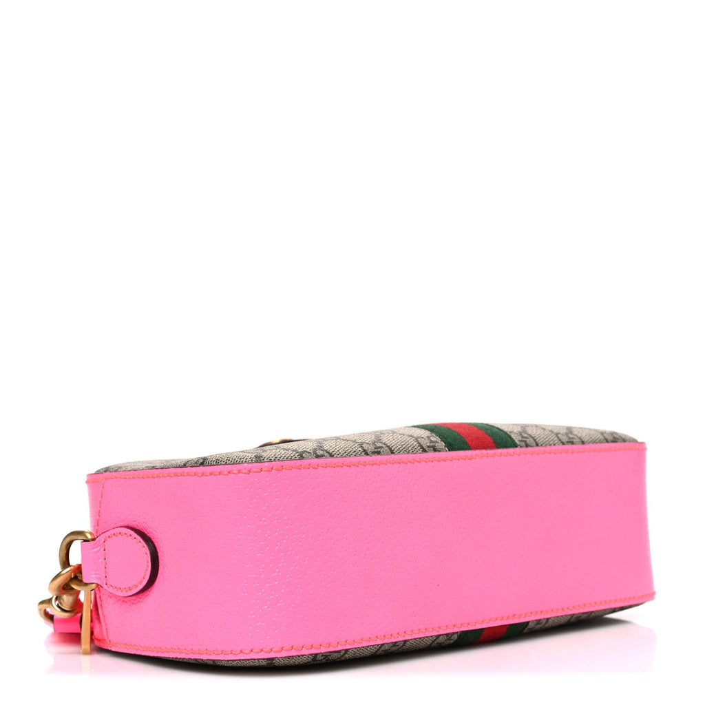 GG Supreme Monogram Textured Dollar Calfskin Web Ophidia Small Crossbody Bag Beige Ebony Fuchsia