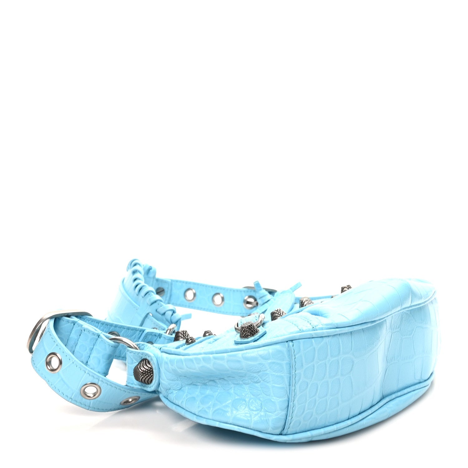 Extra Supple Calfskin Crocodile Embossed Le Cagole Shoulder Bag XS Sky Blue
