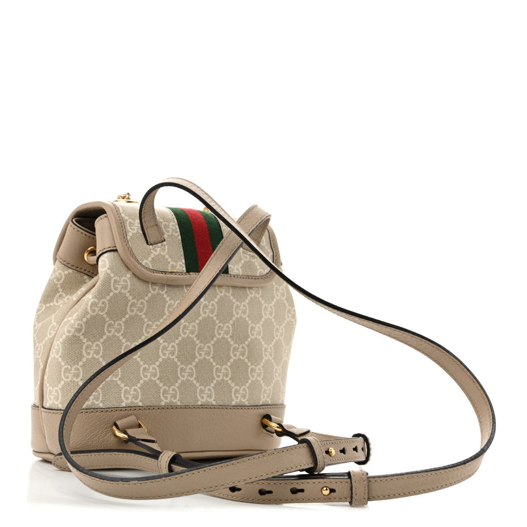 GG Supreme Monogram Textured Dollar Calfskin Web Mini Chain Drawstring Backpack Beige Mystic White Oatmeal
