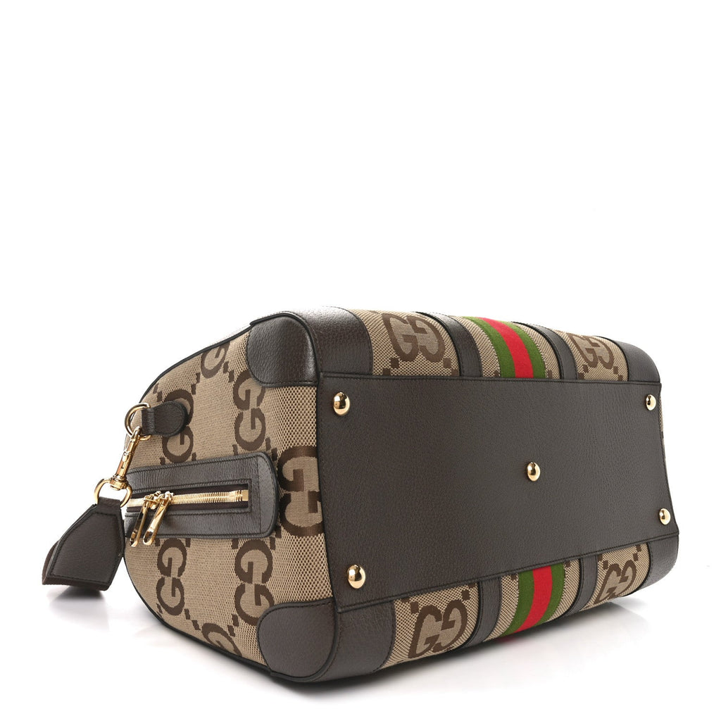 Monogram Jumbo GG Textured Dollar Calfskin Web Medium Duffle Bag Camel Ebony