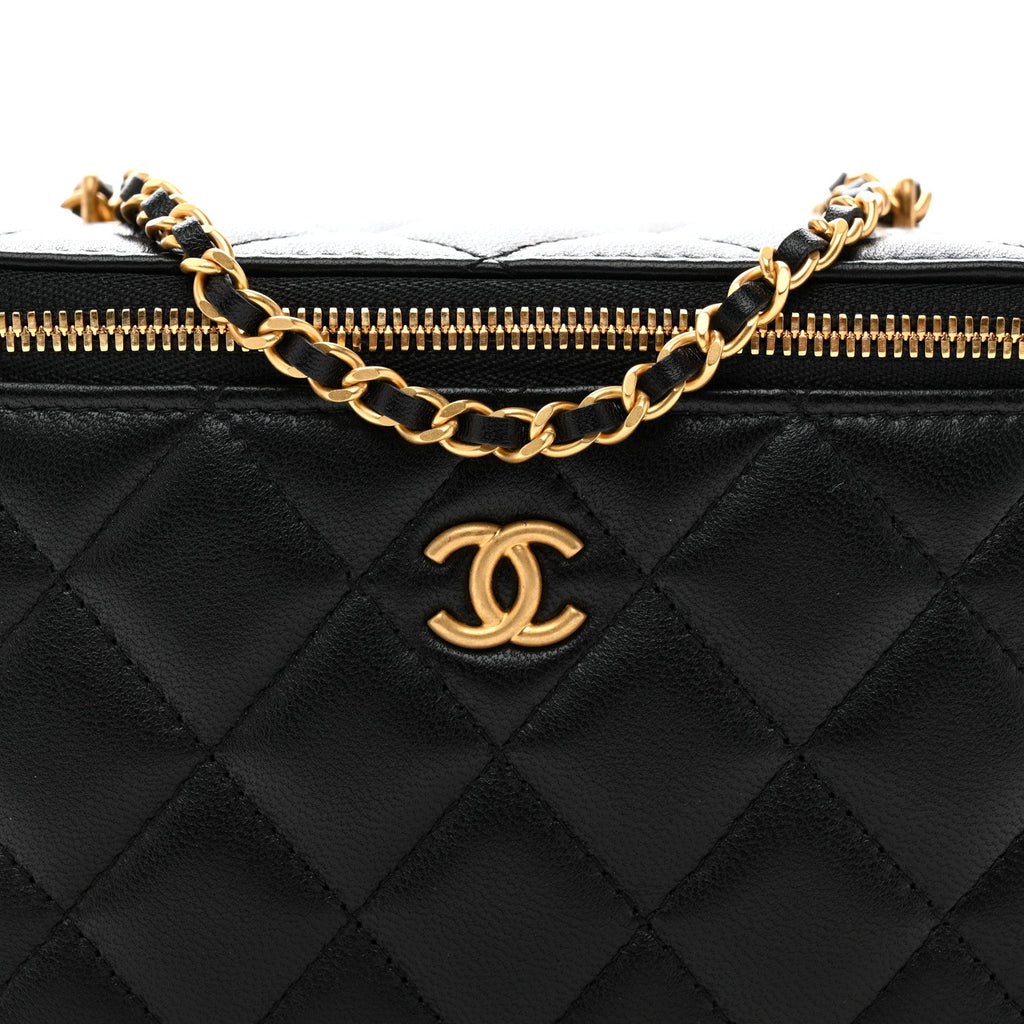 Lambskin Enamel Quilted Small Coco Hearts Vanity Case With Chain Black