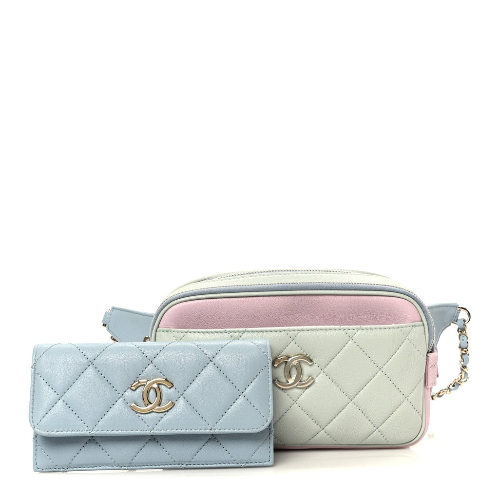 Goatskin Quilted Tri-Color In & Out Waist Bag Green Blue Pink