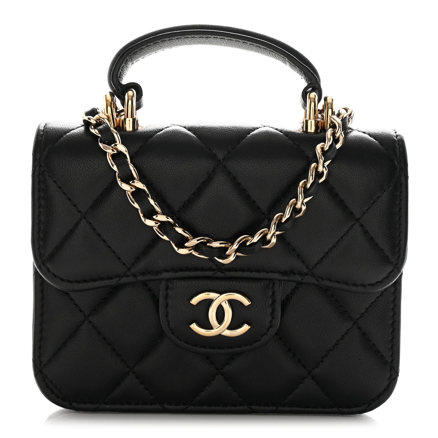 Lambskin Quilted Top Handle Flap Coin Purse With Chain Black