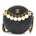 Goatskin Quilted Chic Pearls Chain Round Clutch With Chain Black