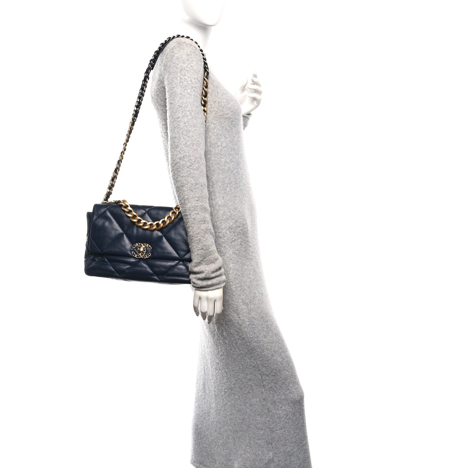 Lambskin Quilted Large Chanel 19 Flap Navy Blue