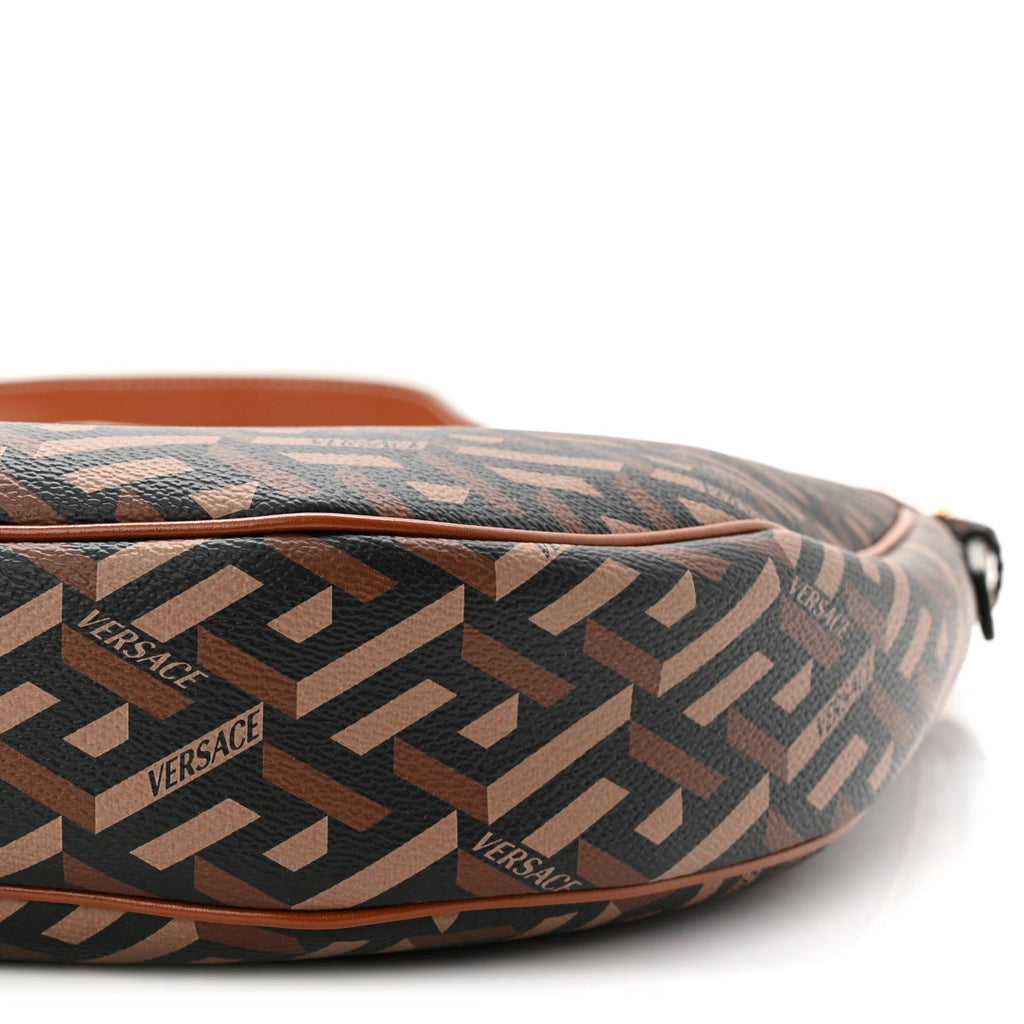 Coated Canvas Calfskin La Greca Signature Shoulder Bag Black Caramel