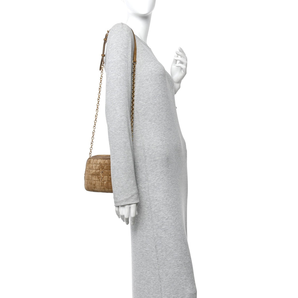 Suede Calfskin Mini Quilted Monogram Camera Bag Golden Leaf