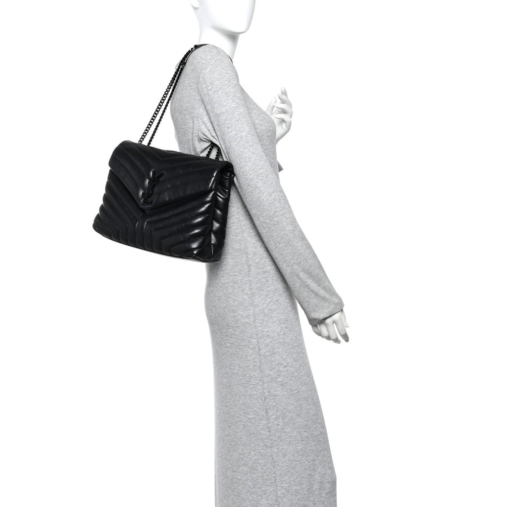 Calfskin Y Quilted Monogram Monochrome Medium Loulou Chain Satchel Black