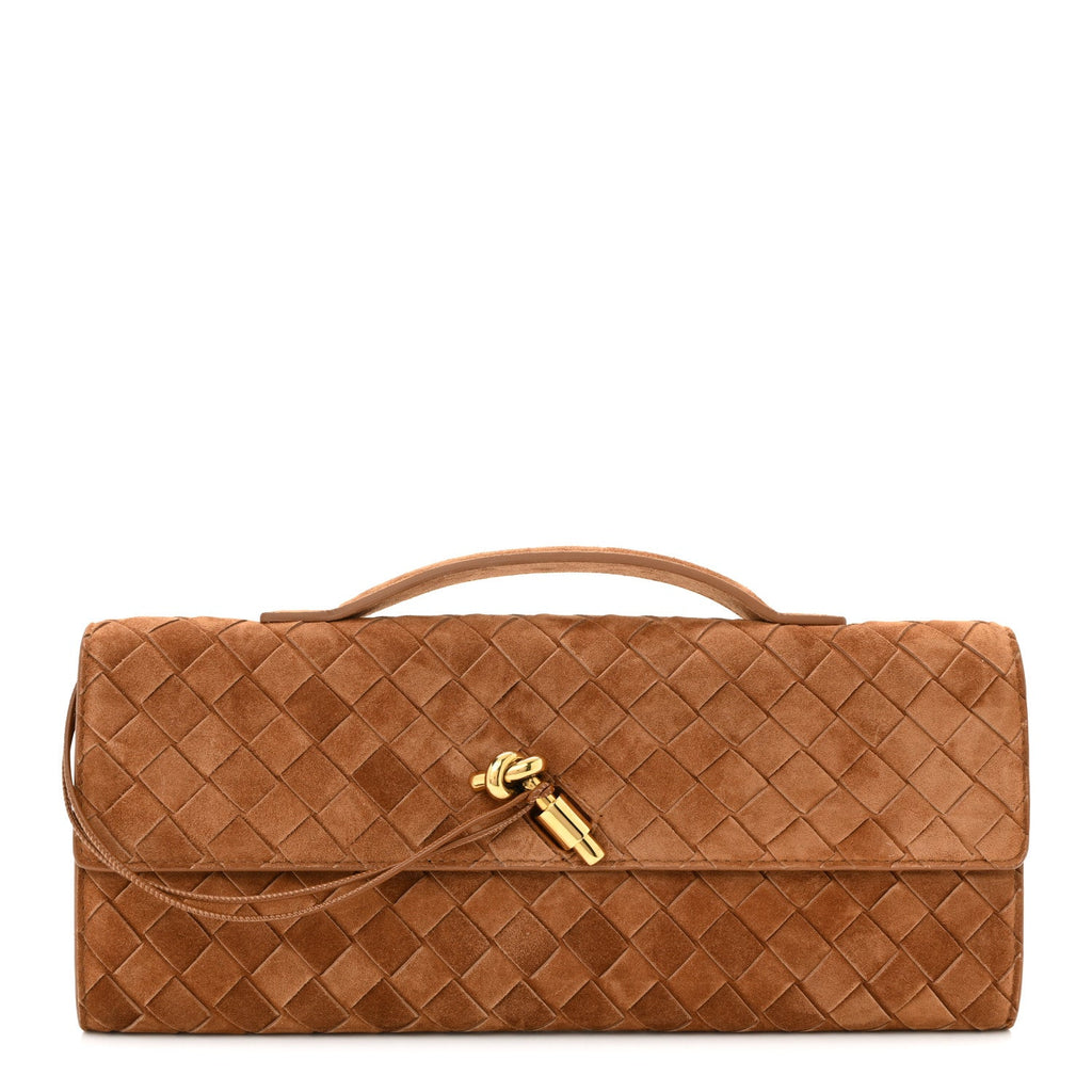 Suede Intrecciato Long Andiamo Top Handle Clutch Amber