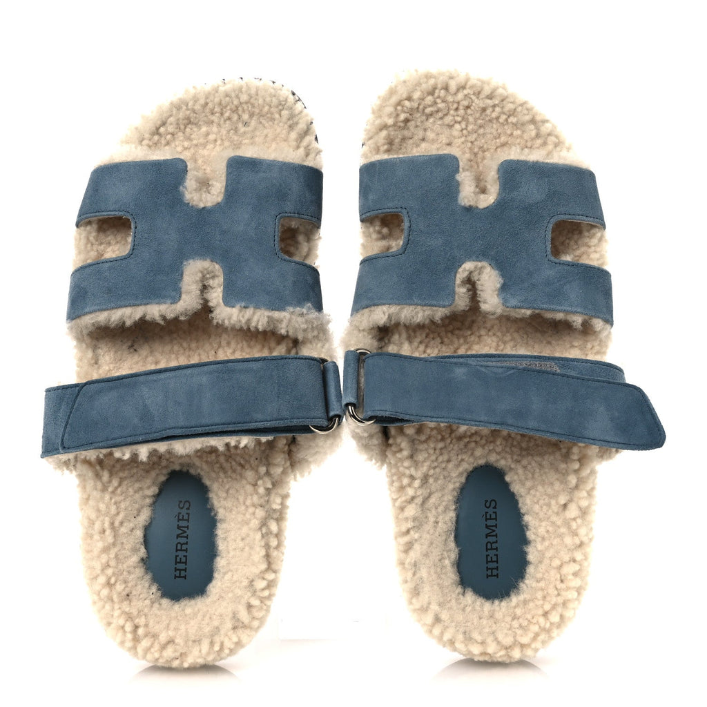 Suede Goatskin Woolskin Womens Chypre Sandals 38 Bleu Pinede Ecru