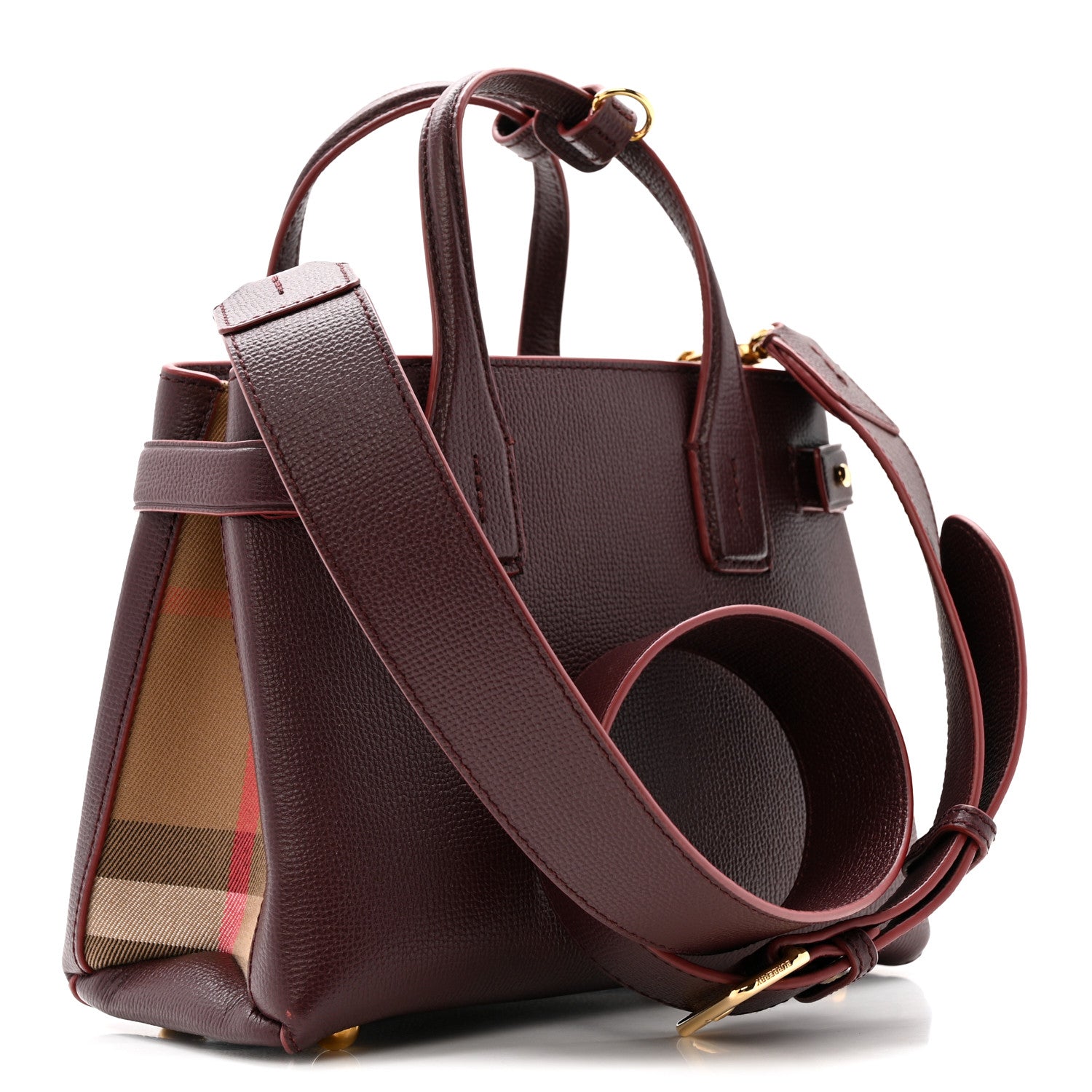 Grainy Calfskin House Check Small Banner Tote Mahogany Red