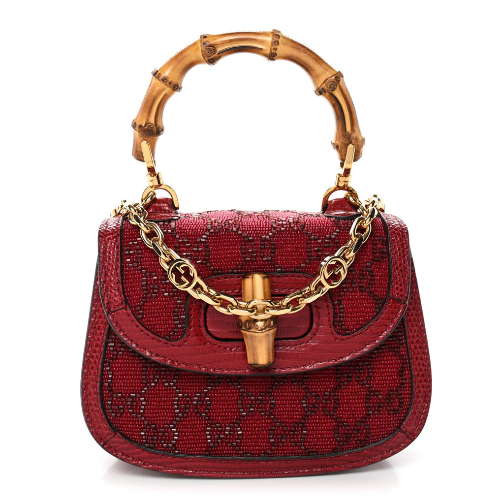 Moire Fabric Calfskin Rhinestone Monogram Monochrome Lizard Embossed Mini Bamboo 1947 Top Handle Chain Bag Red